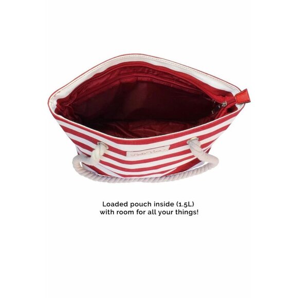 PortoVino Beach Wine Tote Red White Stripe Bag W/ Hidden Insulated Compartment - Picture 3 of 13